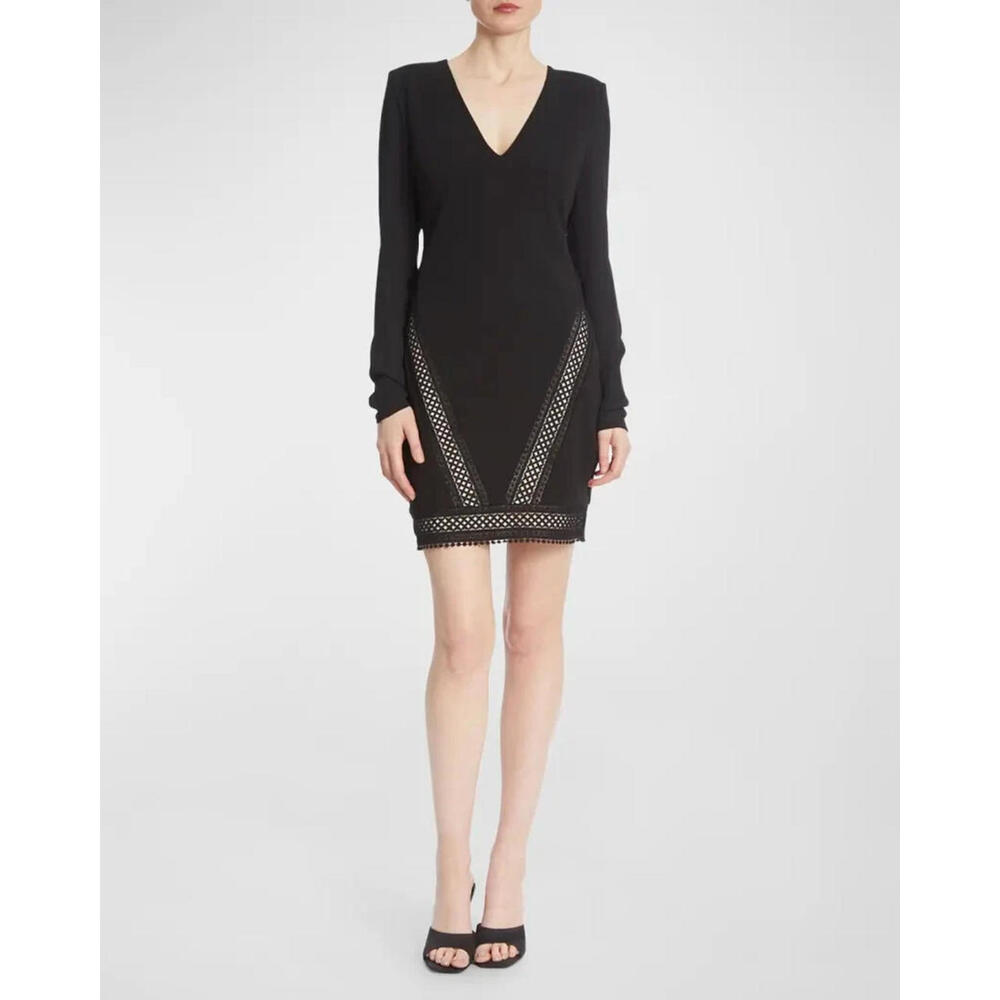 One33 Social Badgley sz 2 Black  Lace-Inset Bodycon Mini Dress LBD Long Sleeve